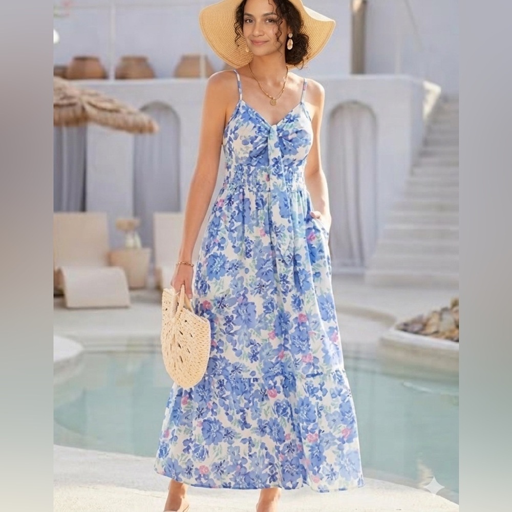 Grace Karin Blue Floral Midi Dress with Pink Accents